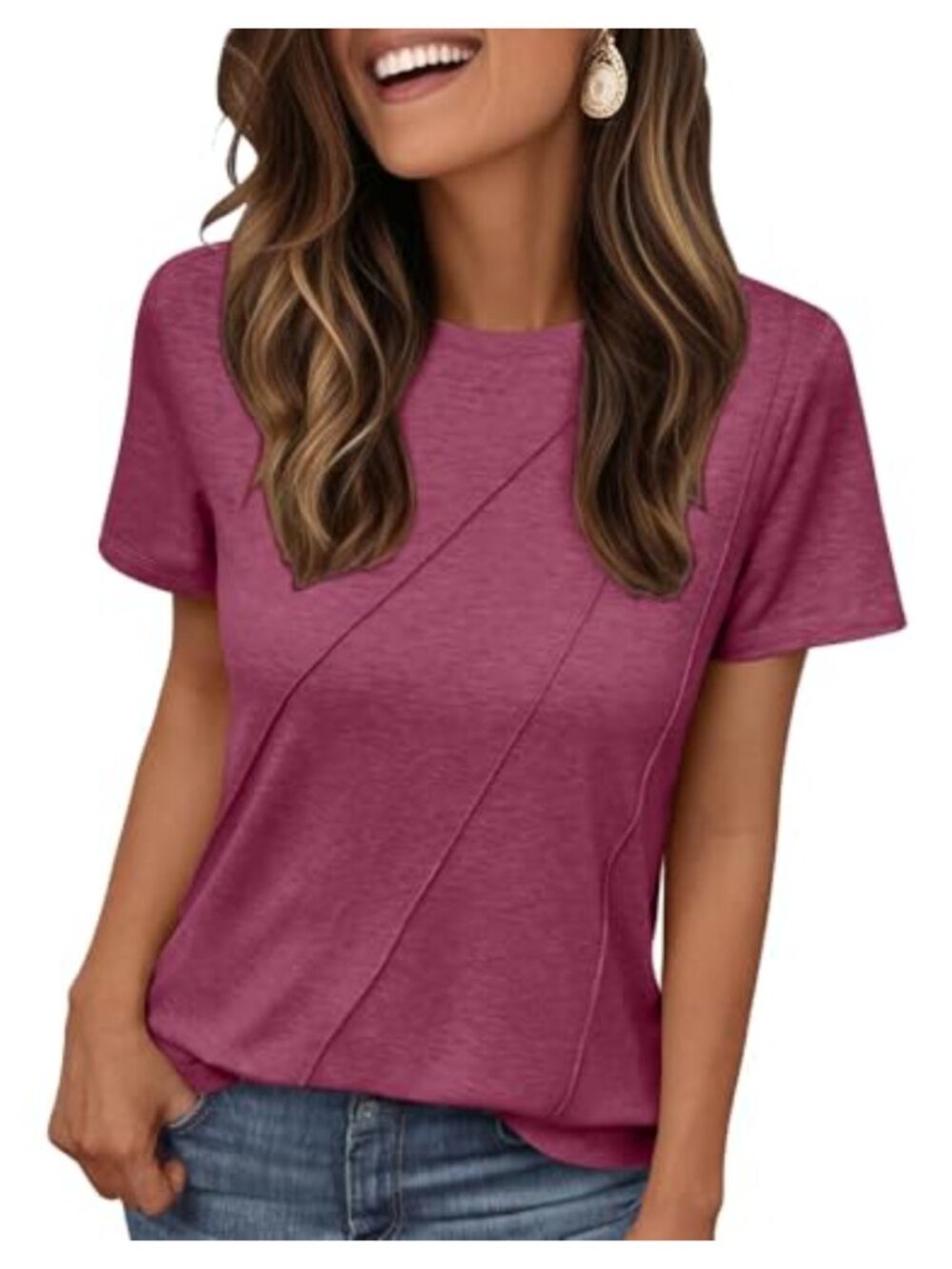 Women's Summer Short Sleeve Crewneck Pleated Casual T-Shirt Blouse